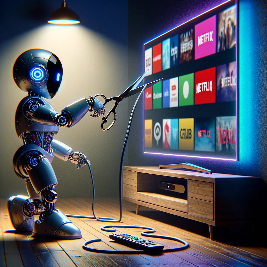 A robot cutting a cable cord and watching streaming TV, symbolizing the shift from traditional television to the modern era of online streaming services.