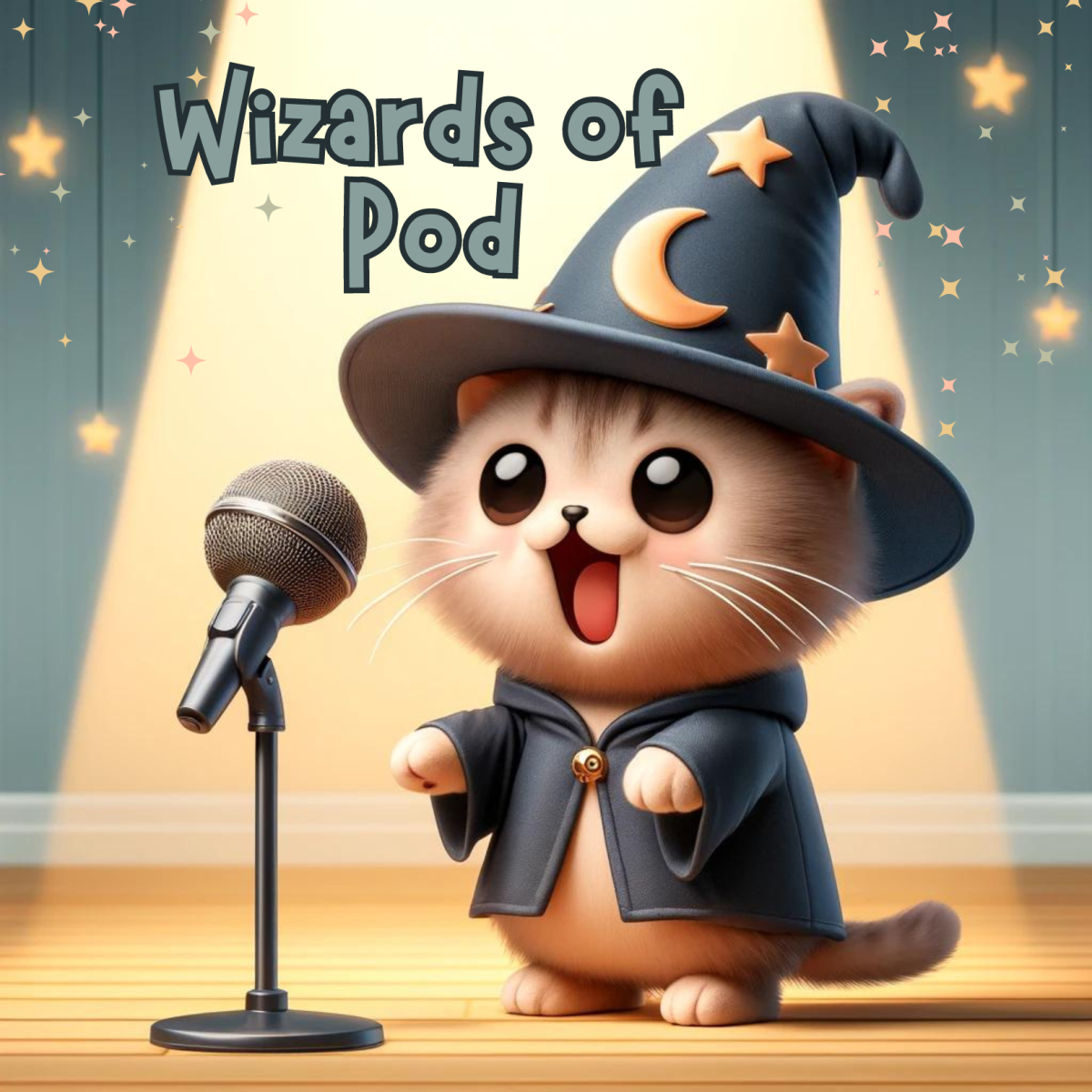 Cat in wizard hat talking into a microphone